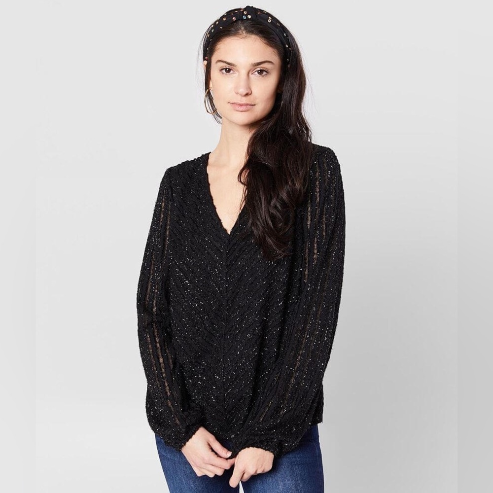 Miss Me Black Eyelash Metallic Mesh Top